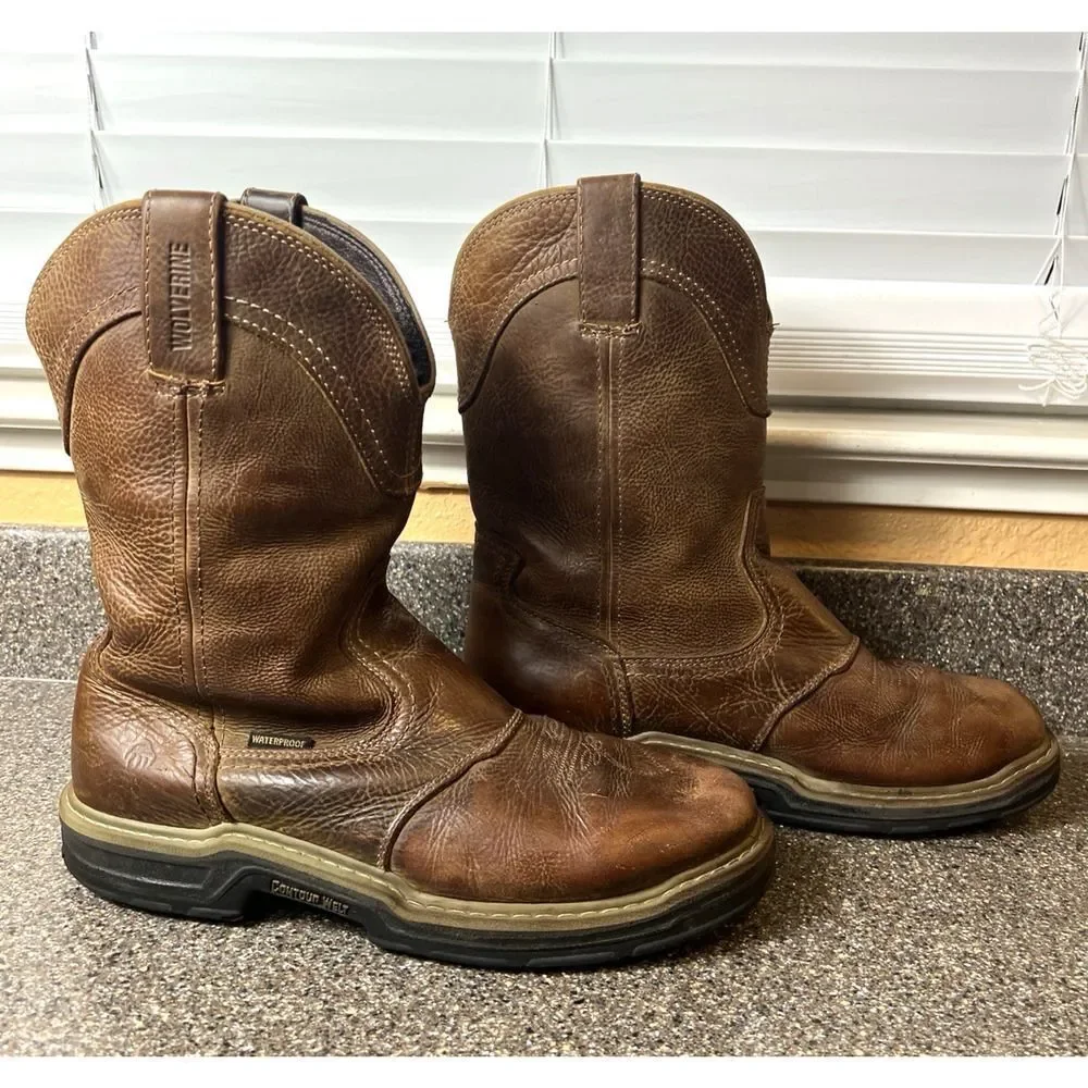 Wolverine Waterproof Contour Welt 10 Inch Brown Leather Work Boots Men's 10.5 EW